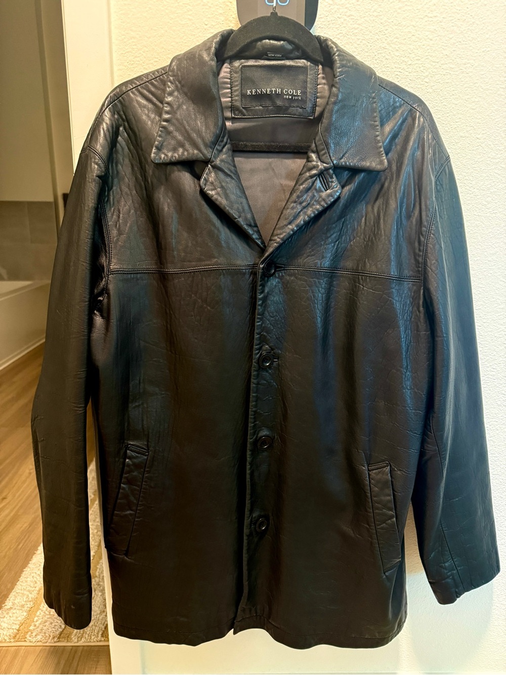 Kenneth Cole Black Leather Button-Front Trench Coat